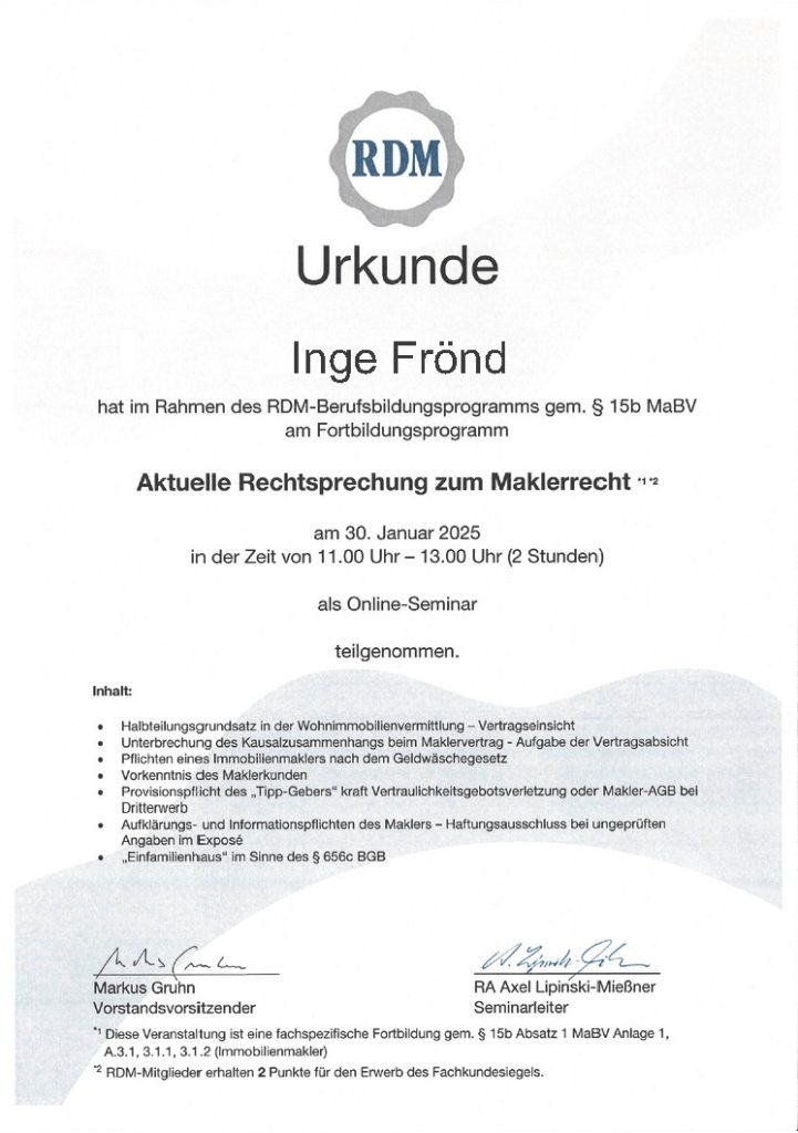 Aktuelle Rechtsprechung zum Maklerrecht Zertifikat