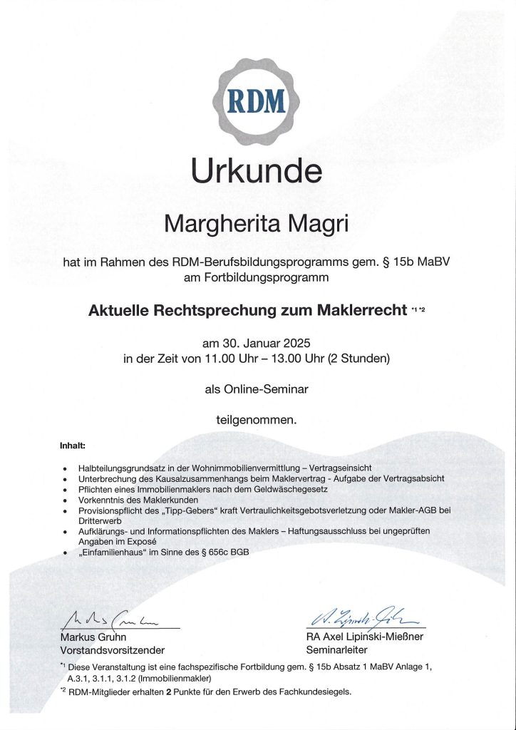 Aktuelle Rechtsprechung zum Maklerrecht Zertifikat