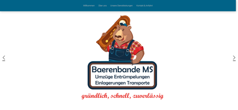 Ein Cartoon-Bär in Latzhose, der einen großen Schlüssel hält, repräsentiert Baerenbande MS und wirbt mit einem Slogan für deren zuverlässige Umzugsdienste.