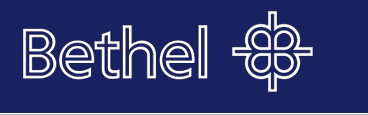 Logo von Bethel, mit dem Wort „Bethel“ in fetten weißen Buchstaben auf dunkelblauem Hintergrund, begleitet von einem dekorativen Emblem.