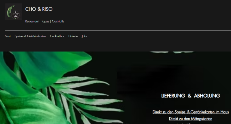 Website-Header für das Restaurant „Cho & Riso“, mit grünen Blättern und Menüoptionen für Tapas, Cocktails und Lieferung.