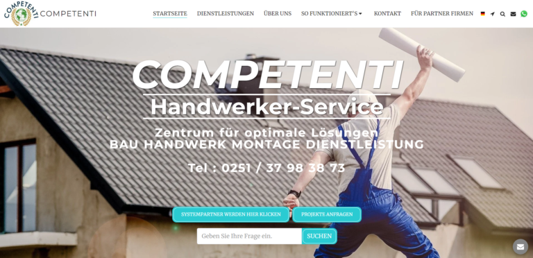 Homepage von Competenti, einem Dienstleistungszentrum für Handwerker, mit einem Arbeiter, der Farbe auf ein Dach aufträgt, sowie Kontakt- und Serviceinformationen.