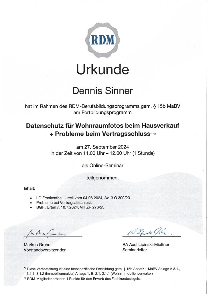 Datenschutz für Wohnraumfotos beim Hausverkauf, D. Sinner