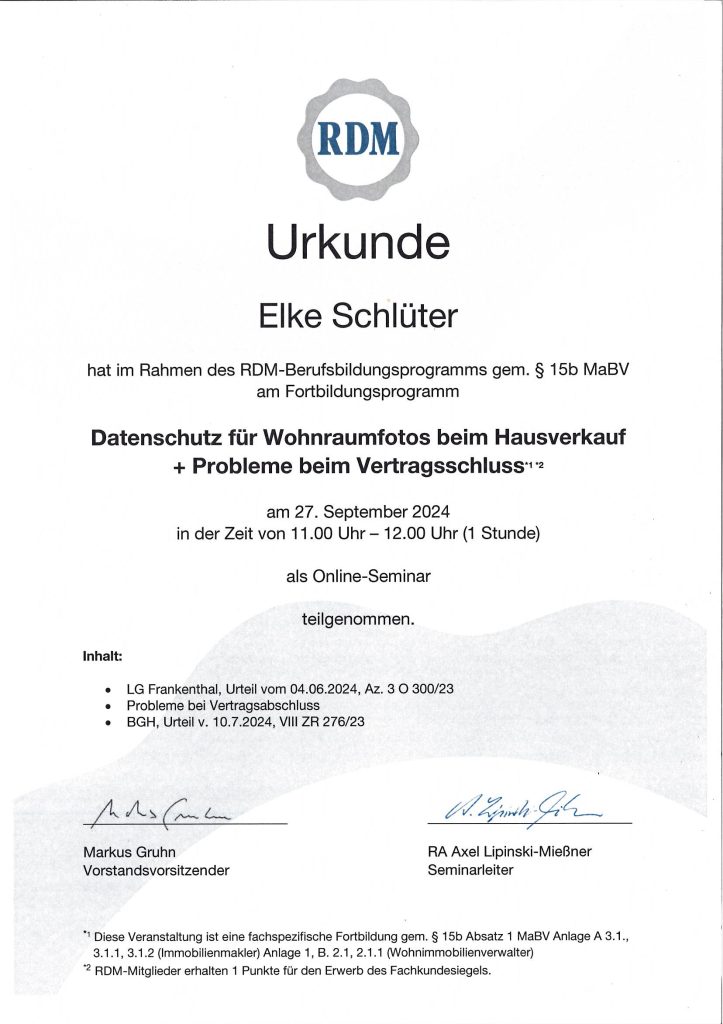 Datenschutz für Wohnraumfotos beim Hausverkauf, E. Schlüter