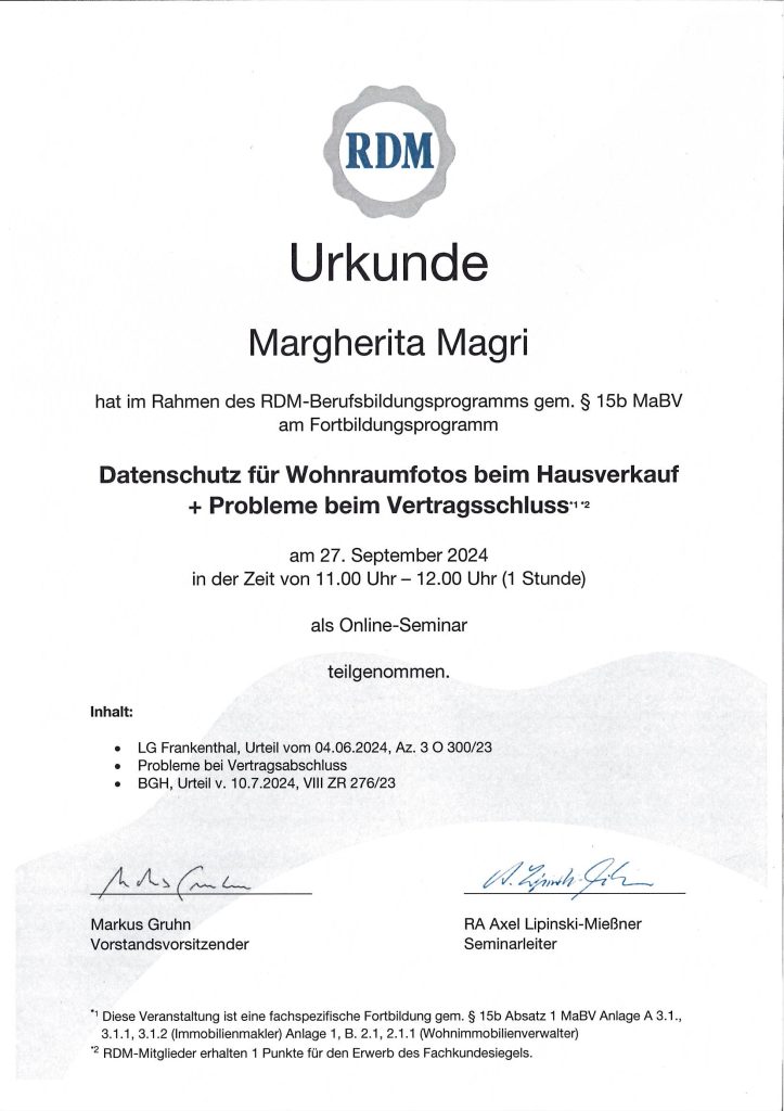 Datenschutz für Wohnraumfotos beim Hausverkauf Zertifikat