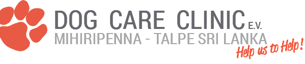 Logo der Dog Care Clinic in Mihiripenna, Talpe, Sri Lanka, mit einem Pfotenabdruck und einem Aufruf zum Handeln: „Helfen Sie uns zu helfen!“