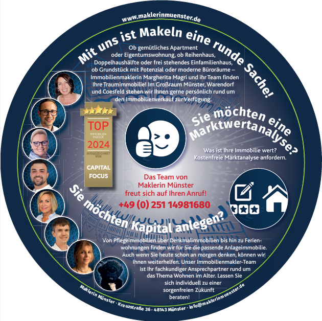 Werbegrafik für Maklerin Münster mit Dienstleistungen für den Immobilienverkauf, Marktanalysen und Investitionsmöglichkeiten.