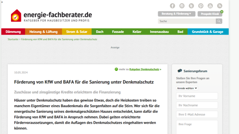 Screenshot einer Webseite, auf der die KfW- und BAFA-Förderung für die energieeffiziente Sanierung denkmalgeschützter Gebäude in Deutschland erläutert wird.