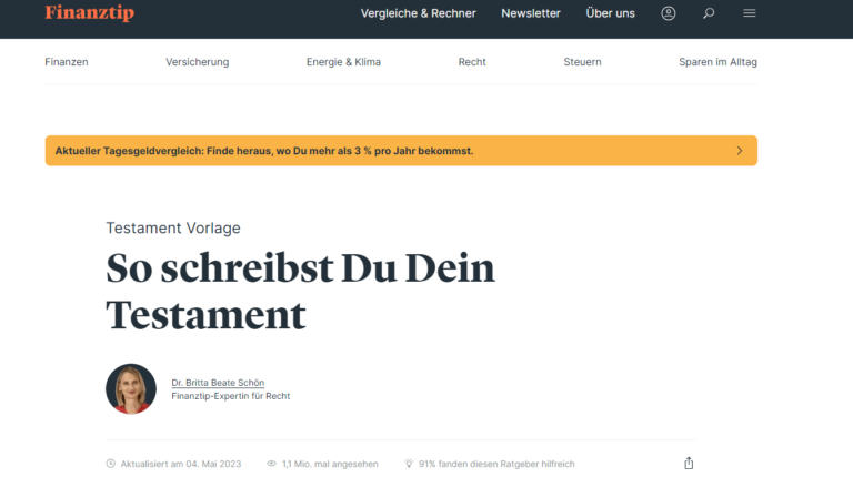 Screenshot of the Finanztip website