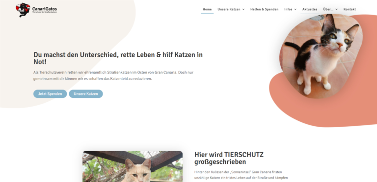 Eine Website zur Förderung der Katzenrettung auf Gran Canaria, mit Bildern von Katzen und Aufrufen zu Spenden und Adoptionen.