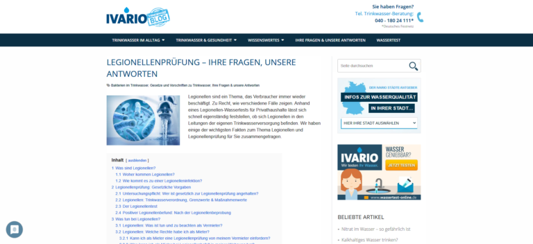Website-Seite mit dem Titel „Legionellenprüfung - Ihre Fragen, unsere Antworten“ mit häufig gestellten Fragen (FAQs) zur Legionellenprüfung und damit verbundenen Dienstleistungen.