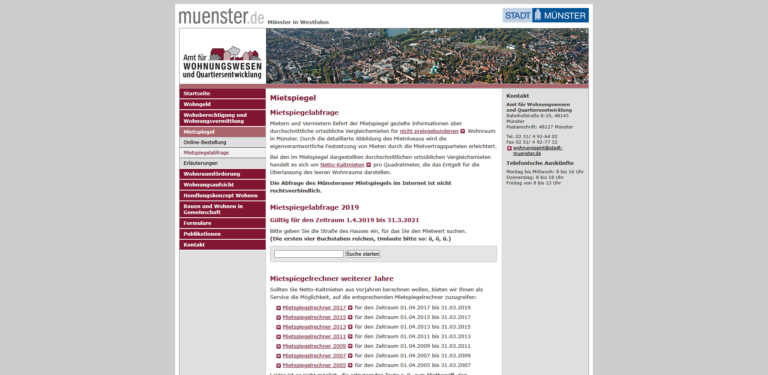 Screenshot der Website muenster.de mit Informationen zu Mietpreisen und Wohnungsbau in Münster, Deutschland.