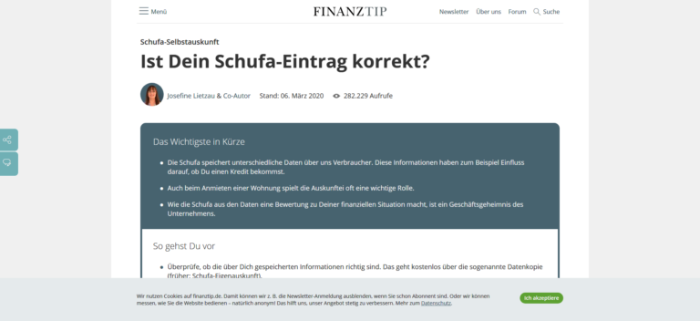 Ein Finanztip-Artikel mit dem Titel „Ist Dein Schufa-Eintrag korrekt?“, in dem erörtert wird, wie Sie die Richtigkeit Ihres Schufa-Eintrags überprüfen und sicherstellen können.