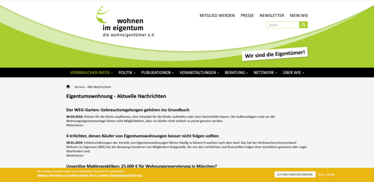Screenshot der Website „Wohnen im Eigentum“, die Nachrichten und Informationen für Immobilienbesitzer in Deutschland bietet.