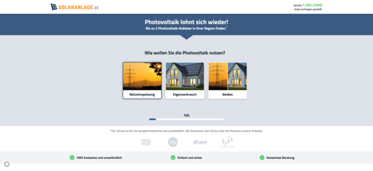 Eine Seite von solaranlage.de, die für die Photovoltaik wirbt und die Möglichkeiten der Stromspeicherung, des Eigenverbrauchs und der Einspeisung vorstellt.