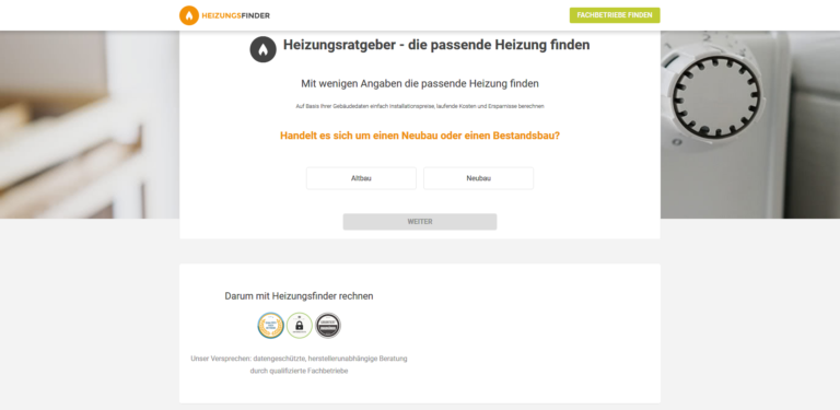 Screenshot von www.heizungsfinder.de