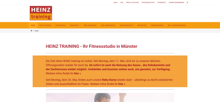 Screenshot der Website des Fitnessstudios HEINZ training in Münster mit Details zur Wiedereröffnung und Serviceinformationen.