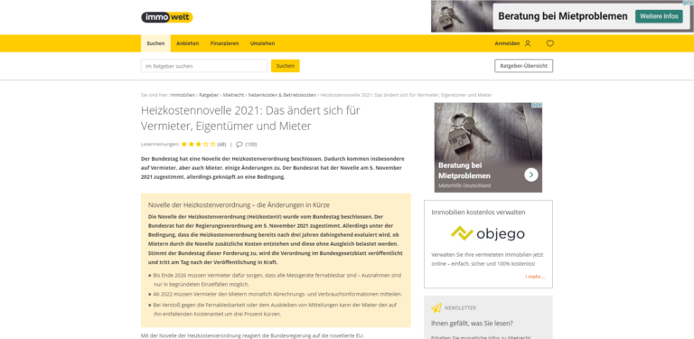 Screenshot eines Artikels über die Heizkostenverordnung 2021 und ihre Auswirkungen auf Vermieter, Hauseigentümer und Mieter.