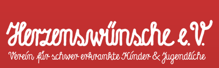 Logo von „Herzenswünsche e.V.“, einem Verein zur Unterstützung schwerkranker Kinder und Jugendlicher, mit rotem Hintergrund und verspielter weißer Schrift.