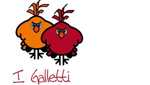 Zwei Cartoon-Vögel, ein orangefarbener und ein roter, zeigen grimmige Gesichtsausdrücke neben dem Text „I Galletti“ in einer verspielten Schriftart.