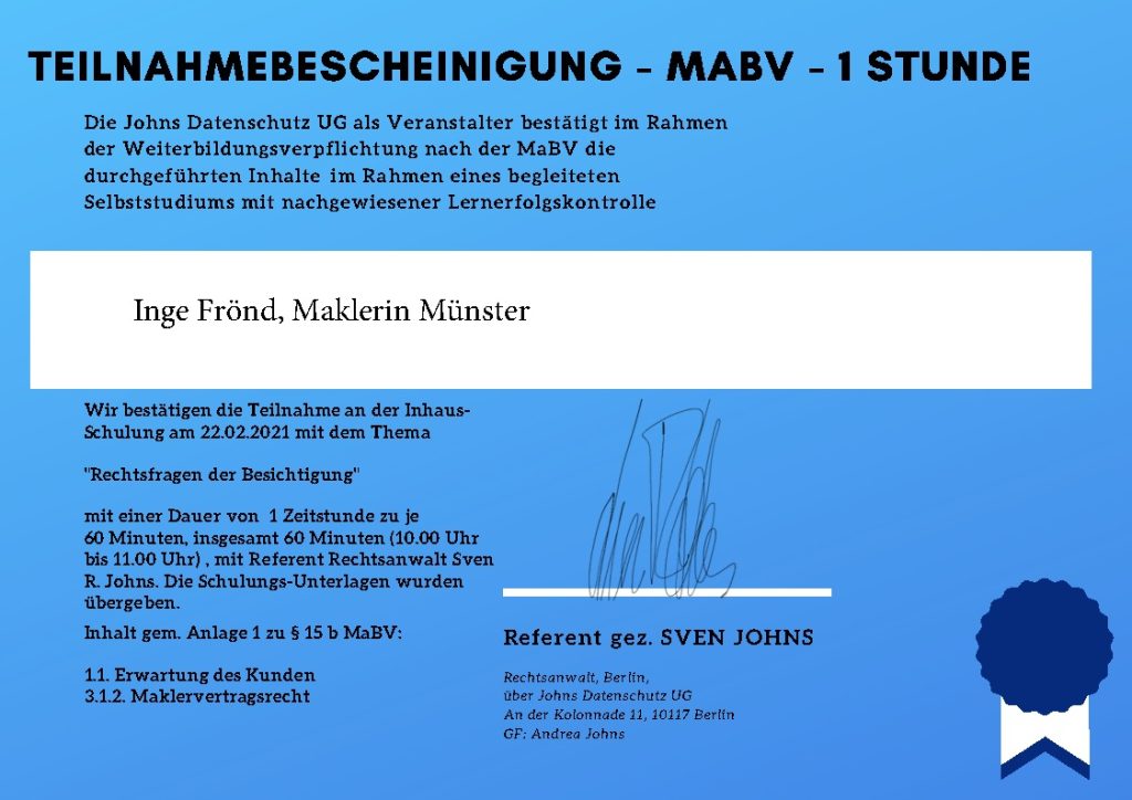 Rechtsfragen der Besichtigung Zertifikat