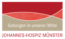 Logo für das Johannes-Hospiz Münster mit dem Slogan „Geborgen in unserer Mitte“, in erdigen Rot- und Beigetönen.