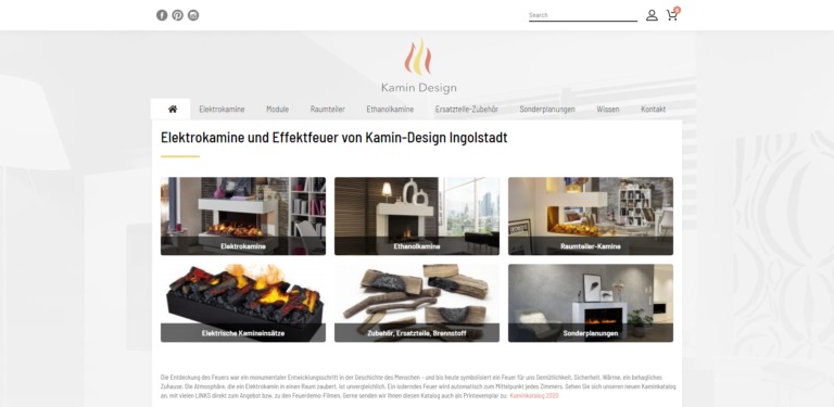 Homepage von Kamin-Design, auf der elektrische Kamine und Effektkamine in verschiedenen Stilen und Designs vorgestellt werden.