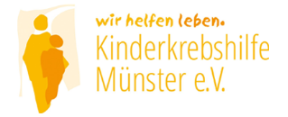 Logo der Kinderkrebshilfe Münster e.V. mit zwei stilisierten Figuren in Gelb und dem Slogan „Wir helfen leben“.