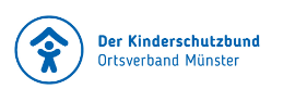 Logo des Kinderschutzbundes Ortsverband Münster mit einer stilisierten Haus- und Kinderdarstellung in blauer Schrift.