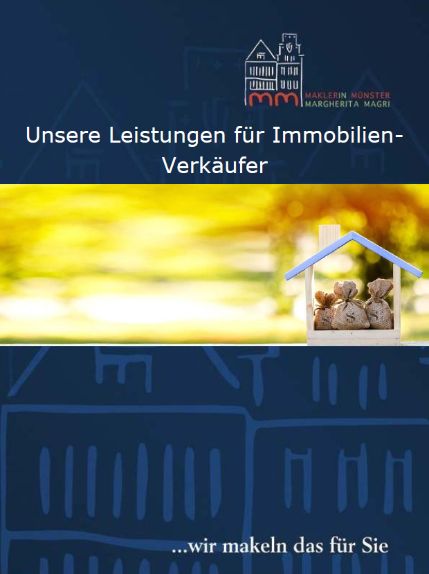 Titelbild für eine Broschüre über Immobiliendienstleistungen, mit einem Haussymbol und dem Text „Unsere Leistungen für Immobilien-Verkäufer“.