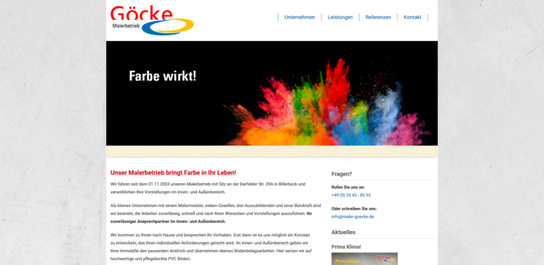 Homepage des Malerbetriebs Göcke mit leuchtenden Farbspritzern vor schwarzem Hintergrund, der für seine Malerdienste wirbt.