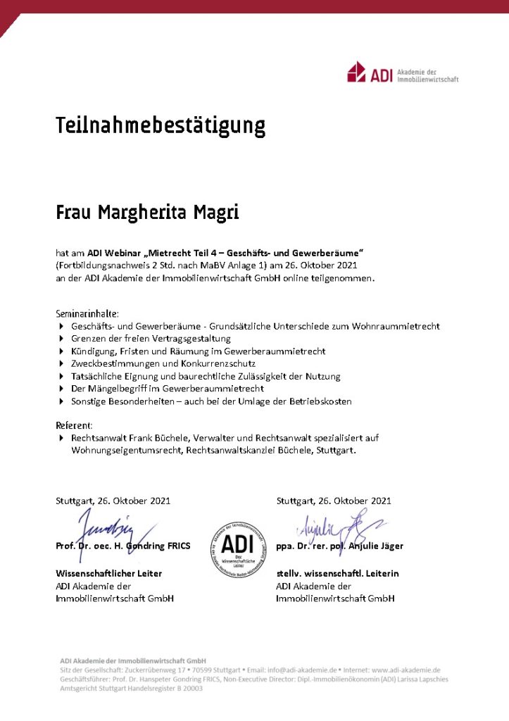 Mietrecht Geschäfts- und Gewerberäume Zertifikat