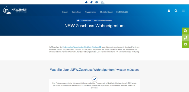 Screenshot der Website der NRW.BANK mit Informationen zum NRW-Zuschuss Wohneigentum für die Wohnraumförderung in Nordrhein-Westfalen.