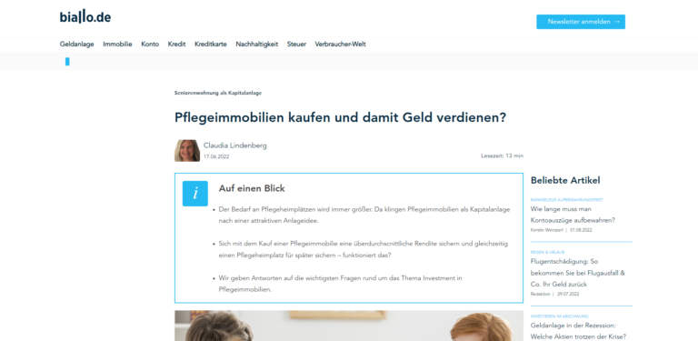 Screenshot der Website biallo.de mit einem Artikel über Investitionen in Pflegeheime zur Erzielung von Gewinnen.