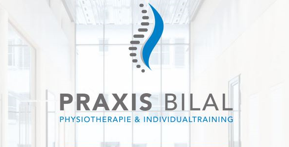 Logo der Praxis Bilal mit dem Text „Physiotherapie & Individualtraining“ und einer stilisierten Wirbelsäulengrafik in Blau.