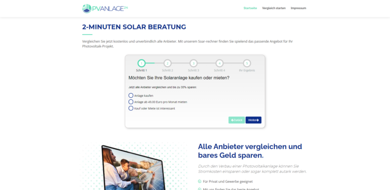 Screenshot einer Solarberatungs-Webseite mit Schritten zum Vergleich von Solarpanel-Angeboten und Kauf- oder Leasingoptionen.