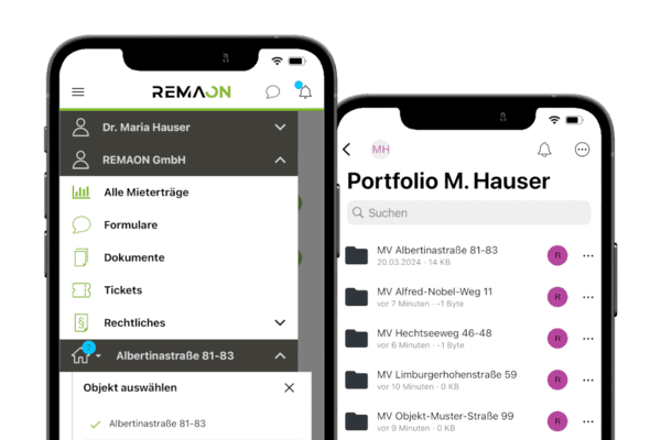 Screenshot der REMAON-App mit Benutzerprofil, Immobilienportfolio und Dokumentenmanagement-Funktionen auf zwei Smartphones.