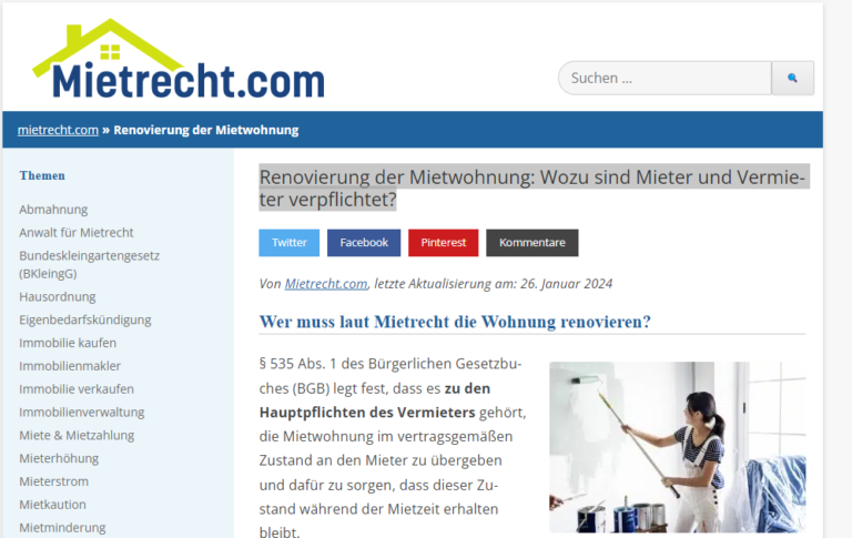 Screenshot von Mietrecht.com, der die Pflichten von Mietern und Vermietern bei Wohnungsrenovierungen im deutschen Recht erläutert.