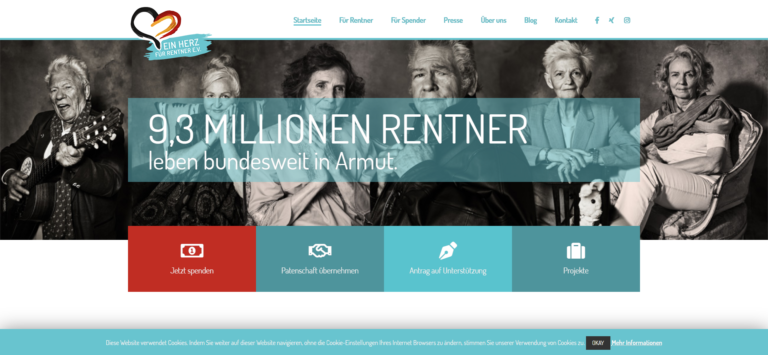 Homepage einer Wohltätigkeitsorganisation, die sich auf die Unterstützung von Rentnern in Armut konzentriert, mit dem Text „9,3 Millionen Rentner leben bundesweit in Armut“.