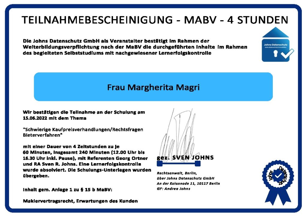 Schwierige Kaufpreisverhandlungen Zertifikat