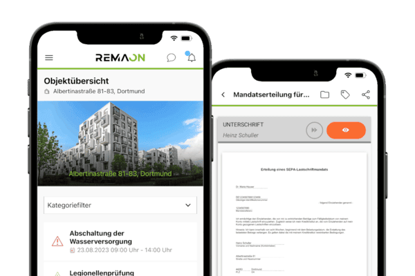 Zwei Smartphones mit der REMAON-App, eines mit einer Immobilienübersicht, das andere mit einem Dokument zum Unterschreiben.
