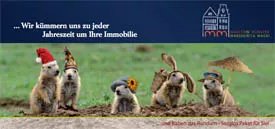 Fünf verspielte Murmeltiere mit festlichen Hüten, die für einen Immobilienservice werben, mit einem grasbewachsenen Feldhintergrund und einer fröhlichen Botschaft.