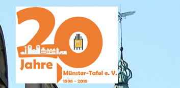 Logo zum 20-jährigen Bestehen der Münster-Tafel e.V. (1998-2018) vor dem Hintergrund eines Gebäudeturms.