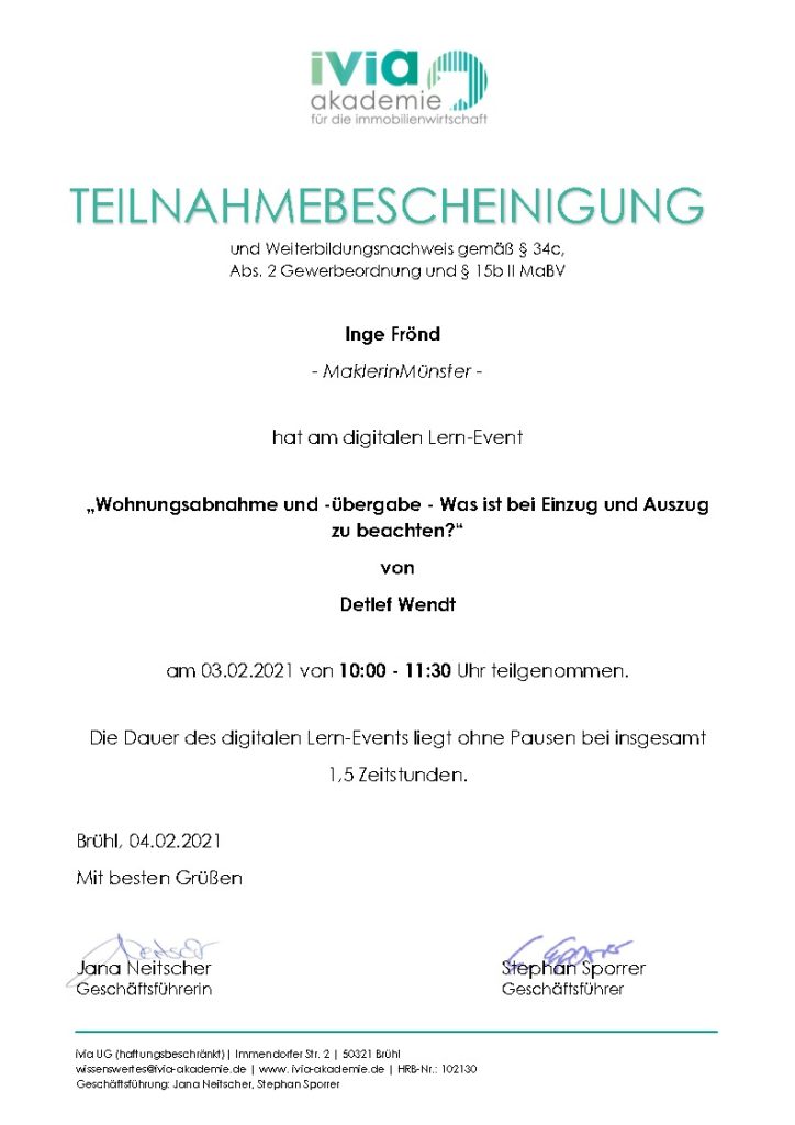 Wohnungsabnahme und -übergabe Zertifikat