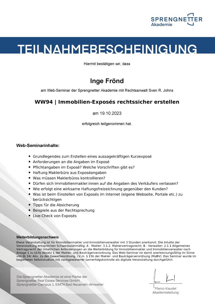 Immobilien-Exposés rechtssicher erstellen Zertifikat