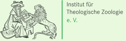 Illustration eines mittelalterlichen Gelehrten und eines Löwen, die das „Institut für Theologische Zoologie“ im Vintage-Stil darstellen.