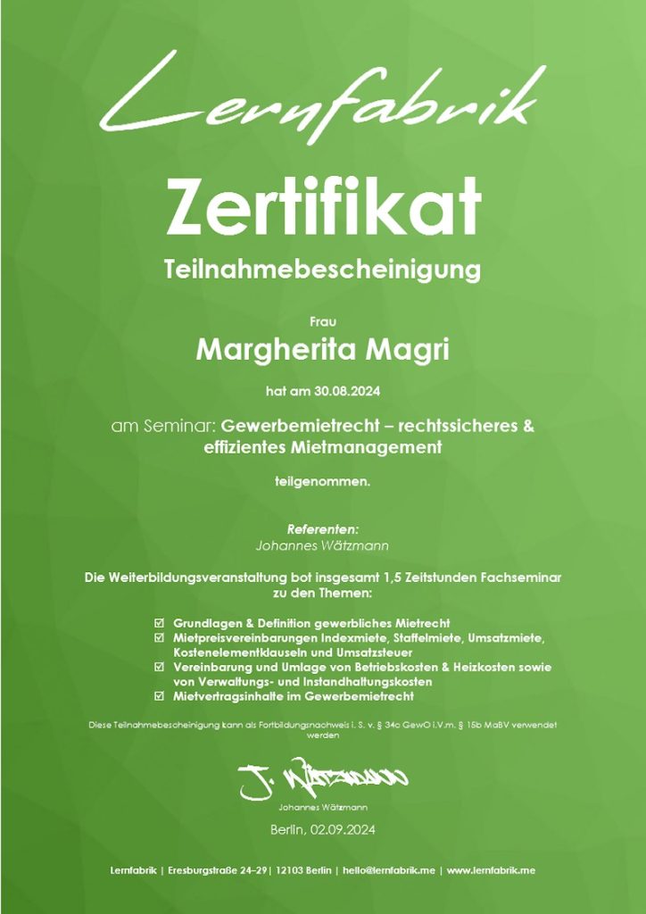 Das Gewerbemietrecht Zertifikat