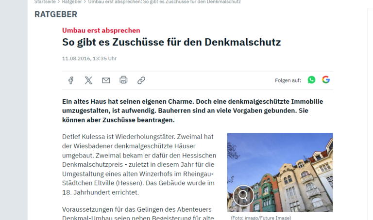 Artikel über Subventionen für die Renovierung denkmalgeschützter Gebäude, mit einer farbigen Abbildung architektonischer Details in Wiesbaden, Deutschland.