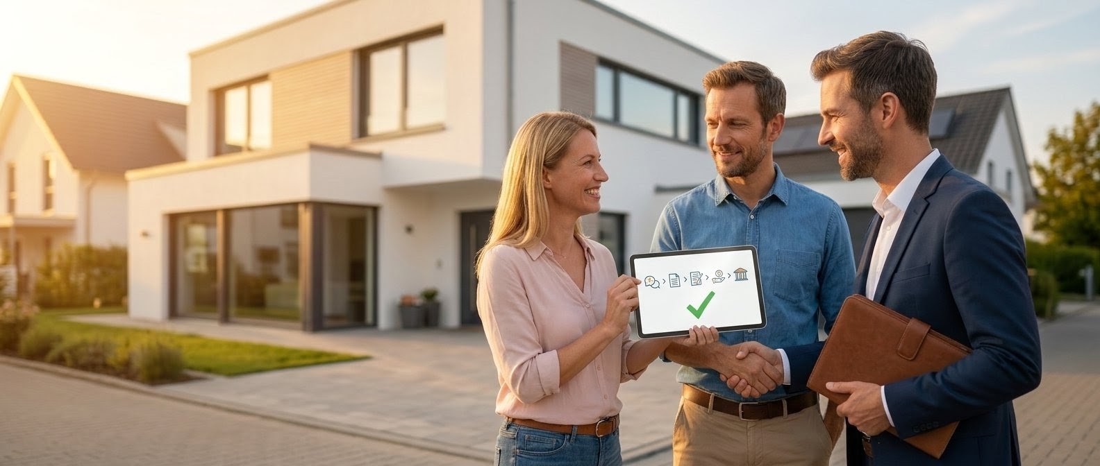 Kundin und Kunde besiegeln mit ihrem Finanzierungsberater per Handschlag die erfolgreich abgeschlossene Baufinanzierung vor einem modernen Einfamilienhaus